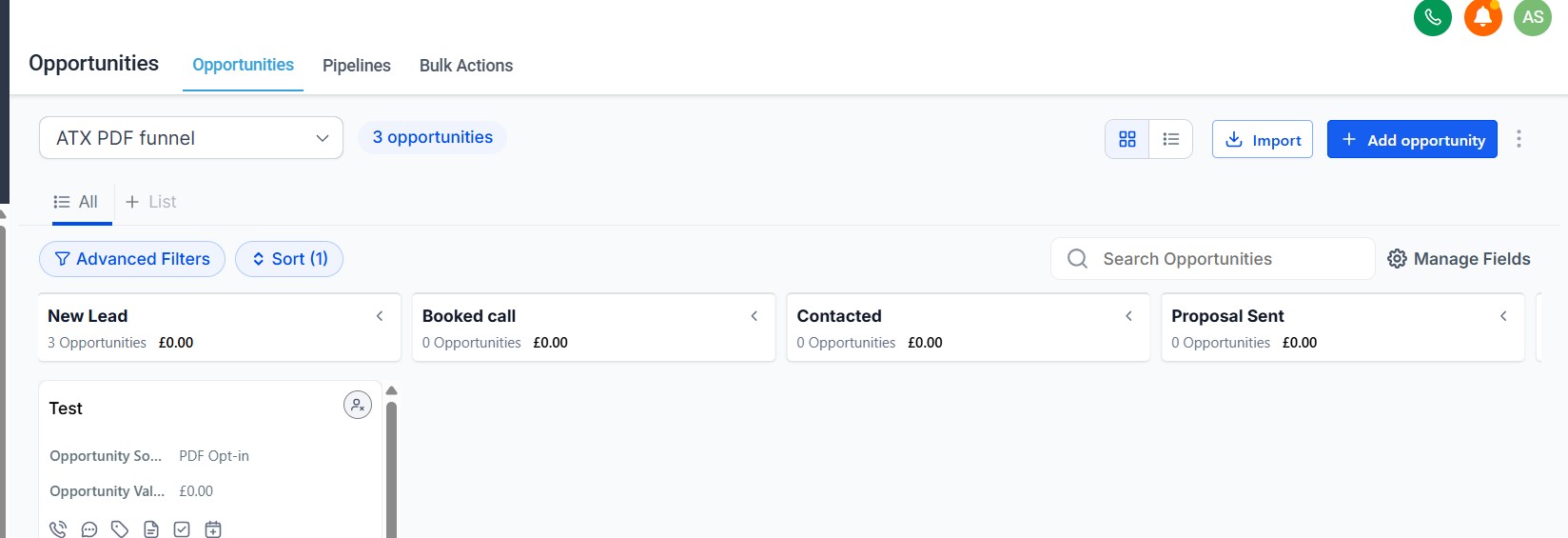 Go High Level pipeline and opportunities view