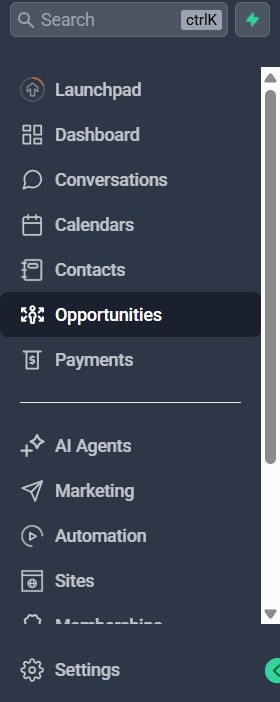 Go High Level sidebar navigation showing all features